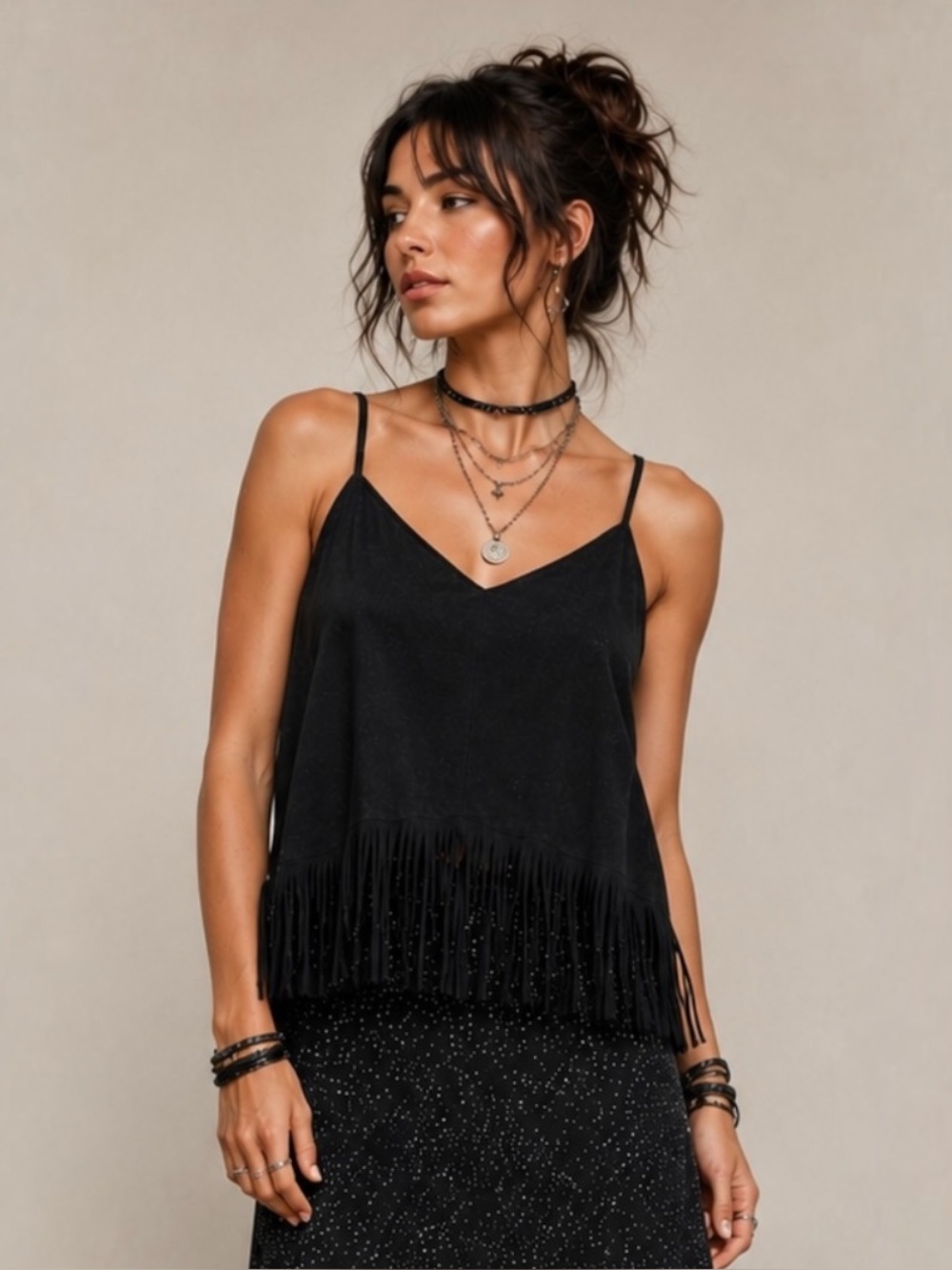 C’Isa Black Fringe Tank Top Medium Lined Boho Festival Racerback Cami